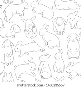 Seamless pattern with cute bunnies. White rabbits on a white background. Linear, outline drawing.