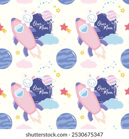 Seamless pattern with a cute bunny astronaut and planets