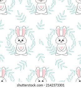 Seamless Pattern of Cute bunny, baby and children concept. Happy easter rabbits different poses cartoon characters. Bunny with floral leafs. Design for baby, kids poster, card, invitaton. Vector
