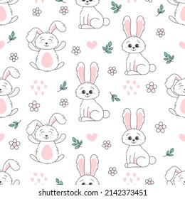 Seamless Pattern of Cute bunny, baby and children concept. Happy easter rabbits different poses cartoon characters. Bunny with floral leafs. Design for baby, kids poster, card, invitaton. Vector