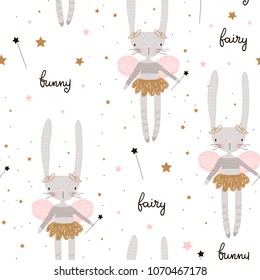 Seamless pattern with cute bunny ballerina with wings, stars, magic wand . Creative childish background. Perfect for kids apparel,fabric, textile, nursery decoration,wrapping paper.Vector Illustration