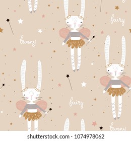 Seamless pattern with cute bunny ballerina with wings, stars, magic wand . Creative childish background. Perfect for kids apparel,fabric, textile, nursery decoration,wrapping paper.Vector Illustration