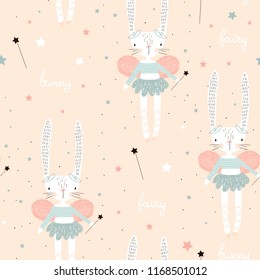 Seamless pattern with cute bunny ballerina with wings, stars, magic wand . Creative childish background. Perfect for kids apparel,fabric, textile, nursery decoration,wrapping paper.Vector Illustration