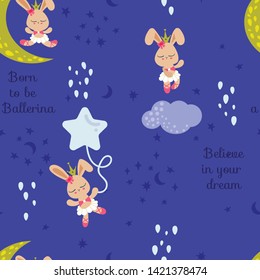 Seamless pattern with cute bunny ballerina with lettering on starry night background. Kawaii rabbit ballet dance illustration. Design for textile, fabric, decoration, wallpaper, wrapping, or packaging