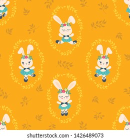 Seamless pattern with cute bunny ballerina dancing on foliage. Kawaii rabbit ballet dance illustration. Design for textile, fabric, decoration, wallpaper, wrapping, or packaging