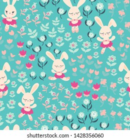 Seamless pattern with cute bunny ballerina dancing in flower garden. Illustration for easter. Design for textile, fabric, decoration, wallpaper, wrapping, or packaging.
