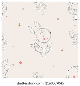 Seamless pattern with Cute bunny ballerina. hand drawn vector illustration. 