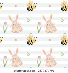 Seamless pattern with cute bunny and bee. Hand drawn spring background. Meadow. 