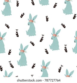 Seamless pattern with cute bunny and branches with leaves. Vector hand drawn illustration.