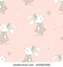 Seamless pattern with cute Bunny and butterflies.Hand drawn vector illustration 