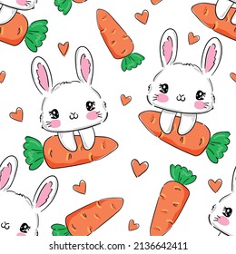 Seamless pattern Cute Bunny and carrots, print design rabbit background, children textile design Vector
