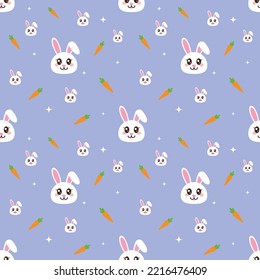 Seamless pattern with cute bunny carrots and sparkle on purple background vector illustration. Cute cartoon character pattern.