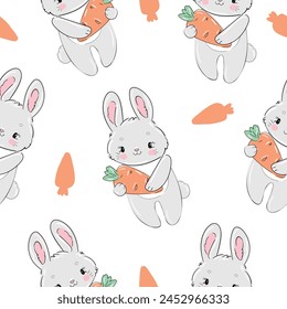 Seamless pattern Cute Bunny and carrots, print design rabbit background, children print textile design. Hand Drawn Vector