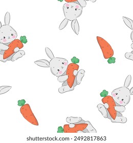 Seamless pattern Cute Bunny and carrots, print design rabbit background, children print textile design. Hand Drawn Vector