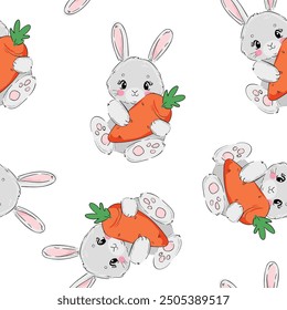 Seamless pattern Cute Bunny and carrots, print design rabbit background, children print textile design. Hand Drawn Vector