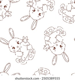 Seamless pattern Cute Bunny and carrots ink, print design rabbit background, children print textile design. Hand Drawn Vector