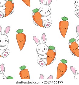 Seamless pattern Cute Bunny and carrots, print design rabbit background, children print textile design. Hand Drawn Vector