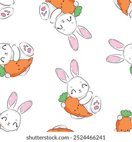 Seamless pattern Cute Bunny and carrots, print design rabbit background, children print textile design. Hand Drawn Vector