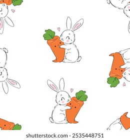 Seamless pattern Cute Bunny and carrots, print design rabbit background, children print textile design. Hand Drawn Vector