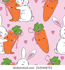 Seamless pattern Cute Bunny and carrots, print design rabbit background, children print textile design. Hand Drawn Vector