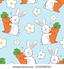 Seamless pattern Cute Bunny and carrots, print design rabbit background, children print textile design. Hand Drawn Vector