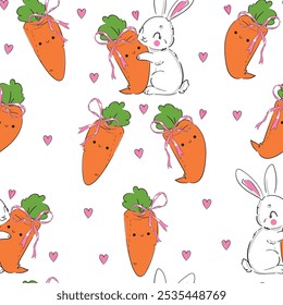 Seamless pattern Cute Bunny and carrots, print design rabbit background, children print textile design. Hand Drawn Vector