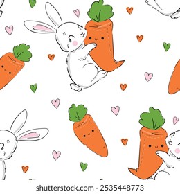 Seamless pattern Cute Bunny and carrots, print design rabbit background, children print textile design. Hand Drawn Vector