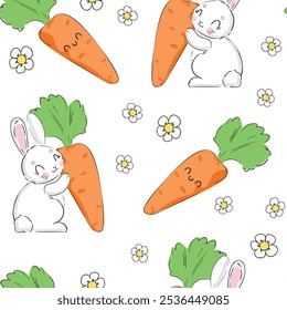 Seamless pattern Cute Bunny and carrots, print design rabbit background, children print textile design. Hand Drawn Vector