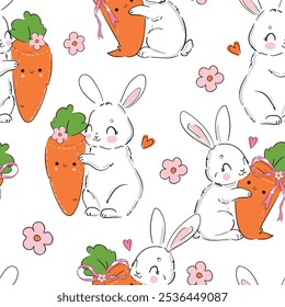 Seamless pattern Cute Bunny and carrots, print design rabbit background, children print textile design. Hand Drawn Vector