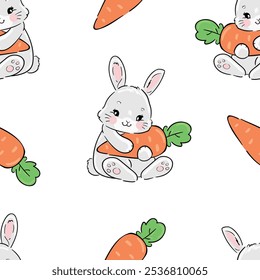 Seamless pattern Cute Bunny and carrots, print design rabbit background, children print textile design. Hand Drawn Vector