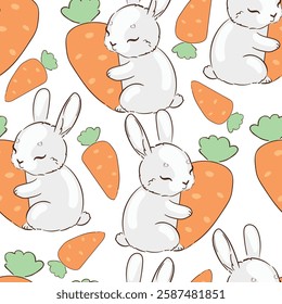 Seamless pattern Cute Bunny and carrots, print design rabbit background, children print textile design. Hand Drawn Vector