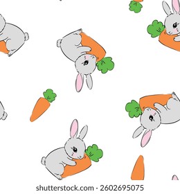 Seamless pattern Cute Bunny and carrots, print design rabbit background, children print textile design. Hand Drawn Vector