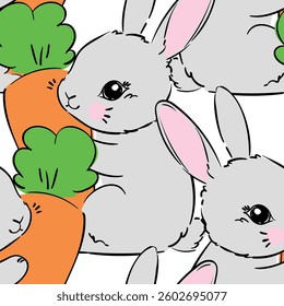 Seamless pattern Cute Bunny and carrots, print design rabbit background, children print textile design. Hand Drawn Vector