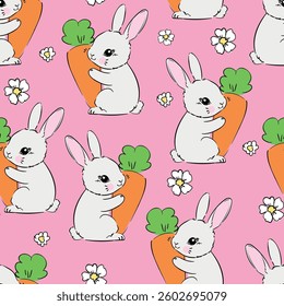 Seamless pattern Cute Bunny and carrots, print design rabbit background, children print textile design. Hand Drawn Vector