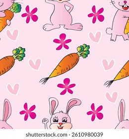 Seamless pattern with cute bunny and carrots. Pink background. Vector illustration.