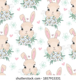 Seamless pattern cute bunny and chamomile flower arrangement vector illustration rabbit childish print design