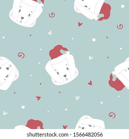 Seamless pattern with cute bunny. Character christmas rabbit. Cute Christmas bunny in a hat. Vector illustration.