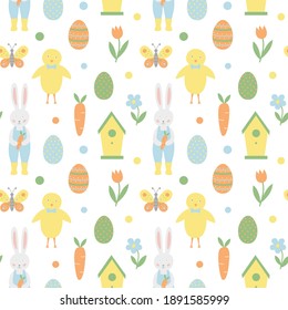 Seamless pattern with cute bunny, chick, Easter eggs and other elements. Perfect for wrapping paper and textile design. Easter vector illustration.