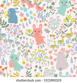 Seamless pattern cute  bunny and chicken with flower for easter day.