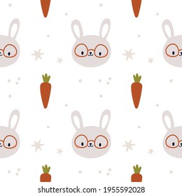 Seamless pattern with cute bunny. Childish pattern with rabbits and carrots. Print for newborn girl or boy. Nursery print for textile, fabric, clothing, apparel, wrapping paper