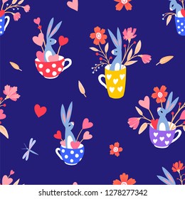 Seamless pattern. Cute bunny in a cup. Rabbit in a mug with flowers and hearts. Hare with a bouquet of flowers. Greeting card. Great for Easter and Valentine's Day.