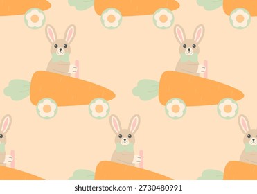 Nahtloses Muster mit niedlichen Hasen fahren Karotte Auto. Kleiner Hasen-Cartoon, der ein karottenförmiges Auto fährt. Osterhase, der ein karottenförmiges Auto fährt. Rabbitmobil. Süße Hasen fahren Karotte Auto. Kaninchen