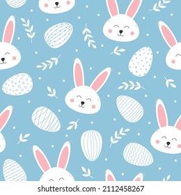 Seamless pattern with cute bunny and easter eggs. Lovely rabbit on blue background. Background for easter design.