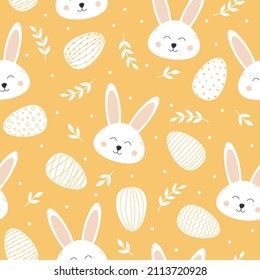 Seamless pattern with cute bunny and easter eggs. Lovely rabbit on yellow background. Background for easter design. Vector illustration
