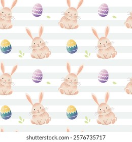 Seamless pattern with cute bunny and Easter eggs. Hand drawn spring backgrounds. Funny rabbits. 