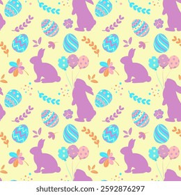 Seamless pattern with cute bunny, Easter eggs and flora. Yellow background. Perfect for greeting card design, fabric print, baby shower, wrapping paper design, home textiles and cover design.