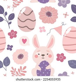 Seamless pattern with a cute bunny and eggs. Spring pattern of happy Easter. Vector illustration.