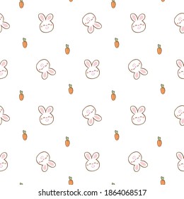 Seamless Pattern with Cute Bunny Face and Carrot Design on White Background