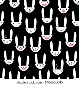 Seamless pattern with cute bunny faces with happy and lovely emotions. Hand-drawn white rabbits with various expressions. EPS 10