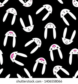 Seamless pattern with cute bunny faces with happy and lovely emotions. Hand-drawn white rabbits with various expressions. EPS 10